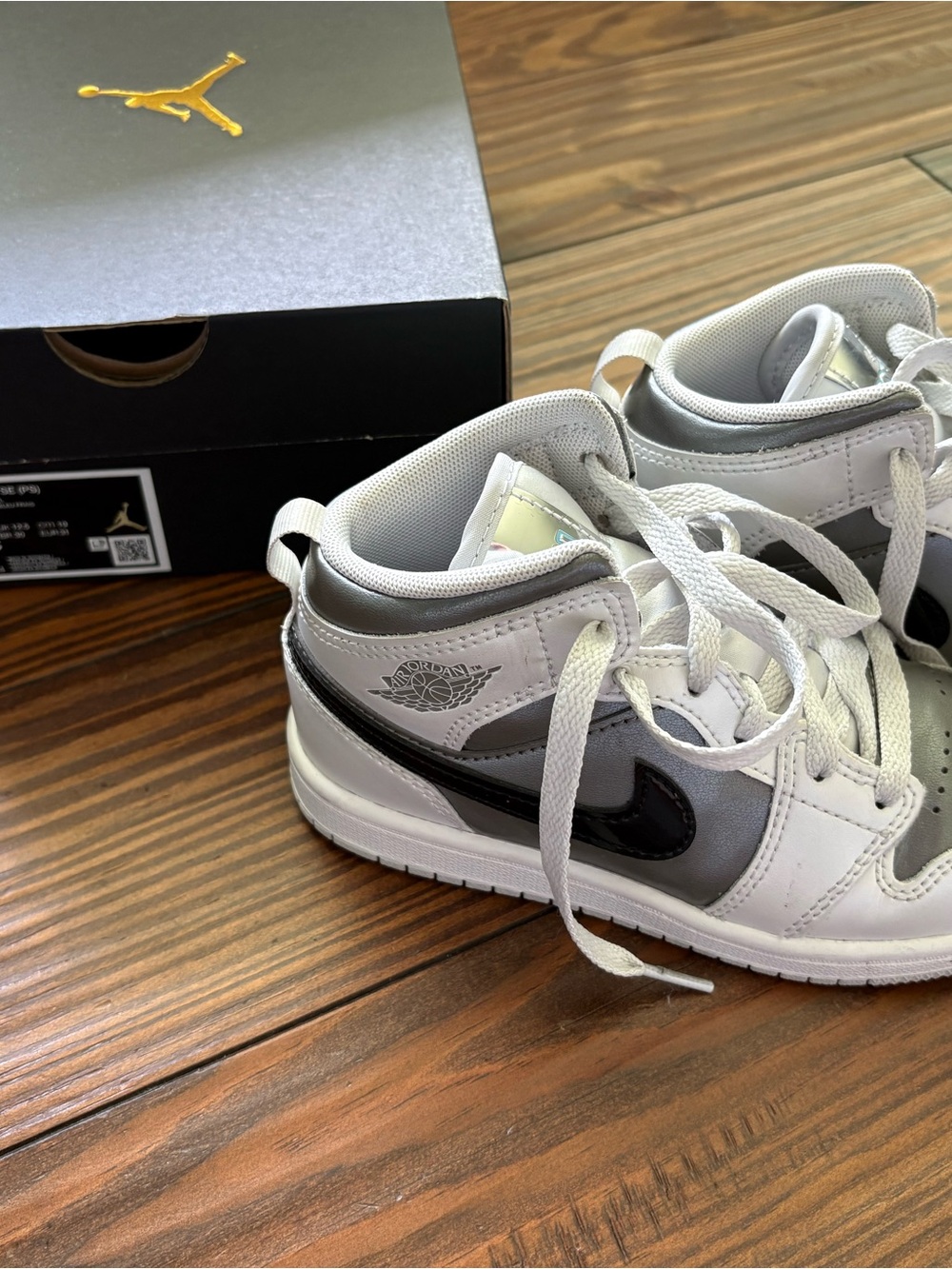 Jordan Kids High-Top Sneakers in White, Gray & Black